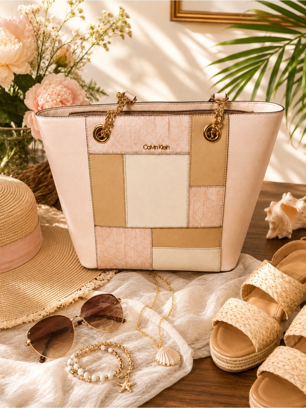 Calvin Klein Blush Pink, Cream & Tan Patchwork Tote Bag